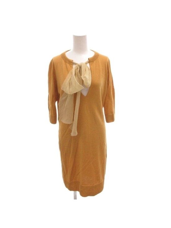 Fendi Dresses & Skirts - Fendi Knit Dress Silk Ribbon Bowtie Short Sleeve Knee Length 40 Mustard